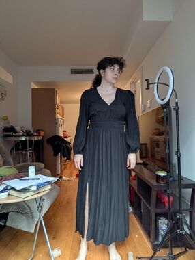 GAP Black V-Neck Long Sleeve Maxi Dress with Front Slit
